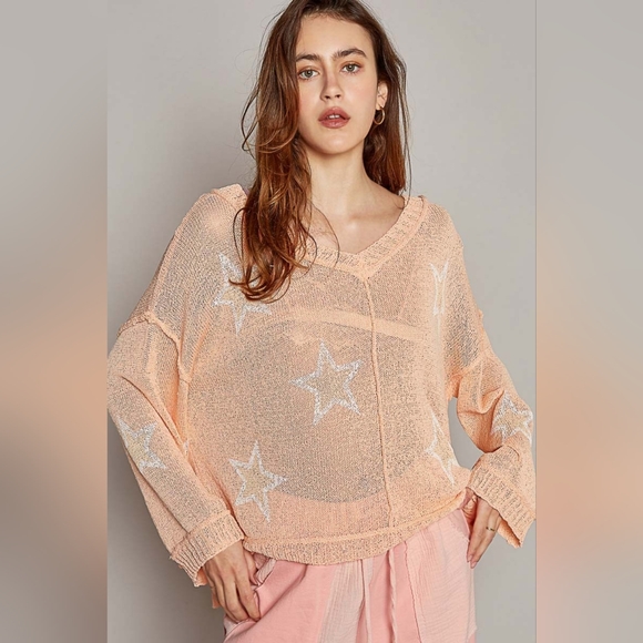 JUST IN!! POL V-Neck Long Sleeve Star Print Knit Top - Picture 3 of 5